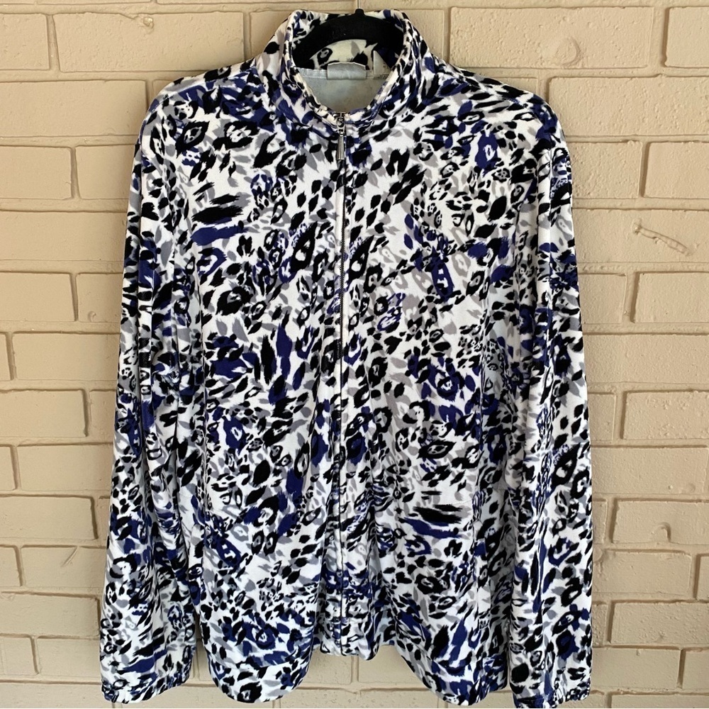 Chicos Zenergy Velvet Animal Print Zip Jacket Blue Animal Print Long Sleeve Sz 3